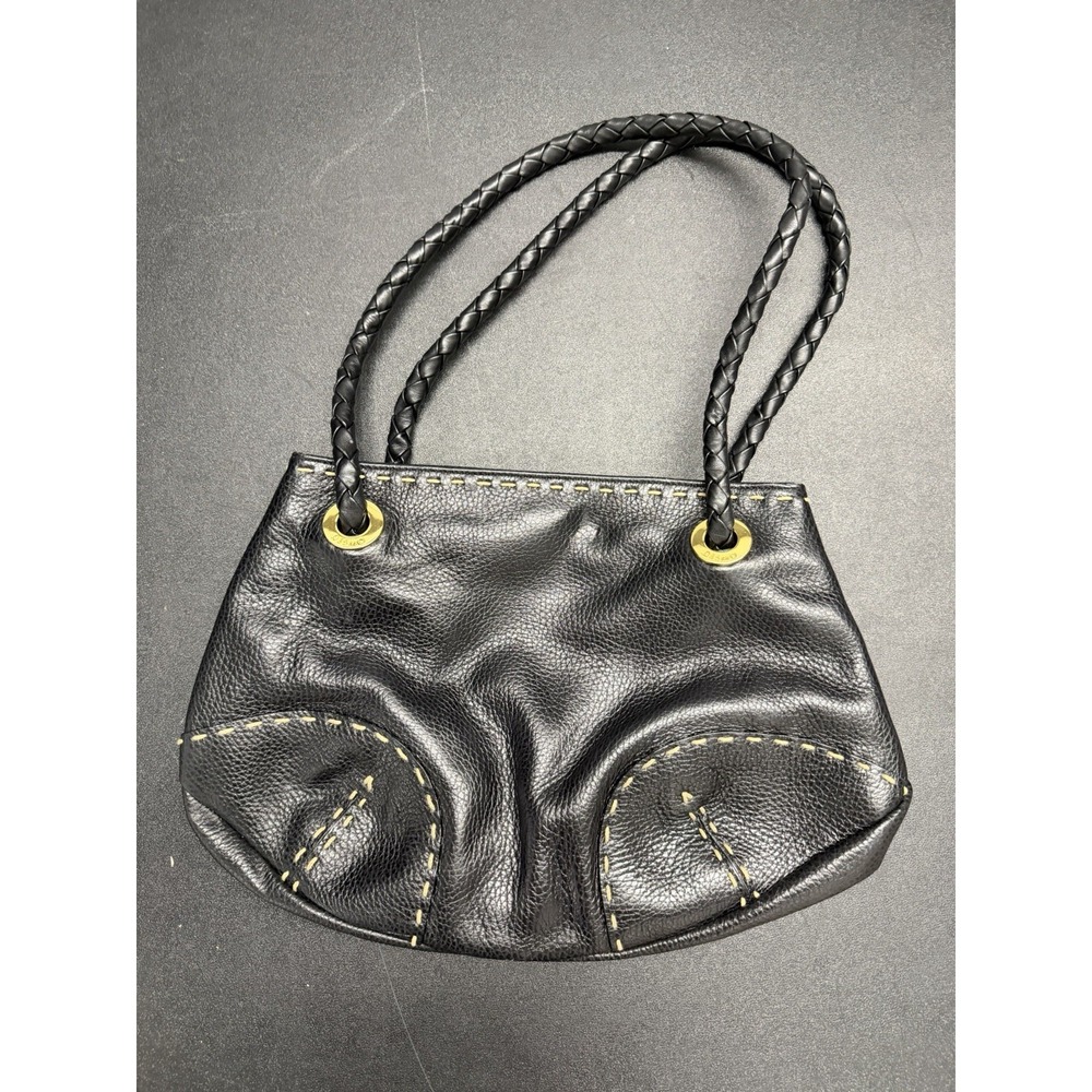 DESMO Italian Leather Purse Black Pebble Grain Gold Hardware Braided Strap